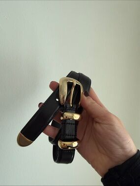 ALICE + OLIVIA Black Leather Belt with Gold Hardware